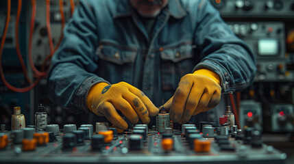Fototapeta premium a man wearing yellow gloves is working on electrical equipment, in the style of dark indigo and light azure, soft, atmospheric lighting, firecore, award winning, 32k uhd, the aesthetic movement, light