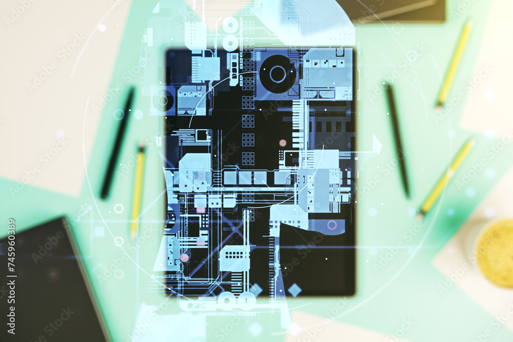Poster double exposure of creative human head microcircuit and modern digital tablet on background. future 
