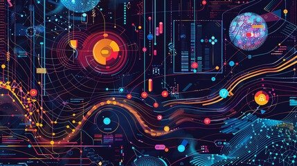 A detailed vector infographic showing the flow of AI-driven analytics, with colorful charts, graphs, and data points interconnected, HD, 4K - Powered by Adobe