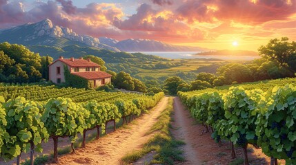 French winery in Burgundy region, offering wine sampling with famous grapes artwork and illustration of Bordeaux landscape, tranquil nature setting - obrazy, fototapety, plakaty