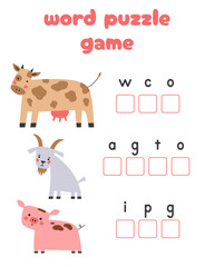 Obraz premium Words puzzle children educational game. Place the letters farm animals in right order
