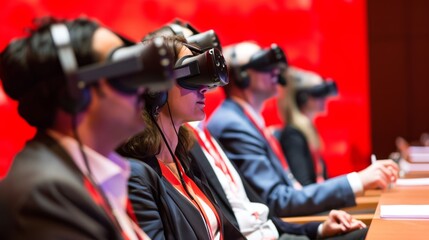 Business attendees in formal wear explore virtual landscapes using VR headsets against a striking red backdrop, symbolizing dynamic corporate training.