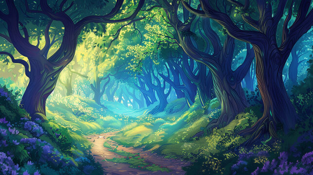 A dreamy forest, where trees whisper secrets and shadows move with intent, a surreal escape into a world of dark hallucinations