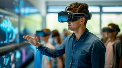 A young man gestures interactively in a VR classroom setting, showcasing the potential of virtual reality in modern education.