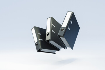 three black folder document binder floating and falling over clean surface; object isolated on infinite background; 3D rednering