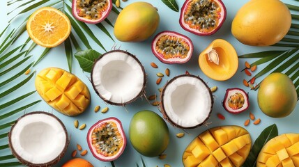 A knolling flat lay photo of juicy tropical fruits, coconut, passion fruit, mango, bright pastel color. Generative AI.