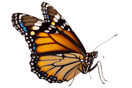 Close up to a Beautiful orange tropical Side view monarch butterfly PNG with wings Isolated on Transparent and White Background - tropical wildlife Biology concept