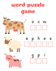 Fototapeta premium Words puzzle children educational game. Place the letters farm animals in right order