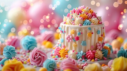 Colorful Celebration Cake with Festive Decorations