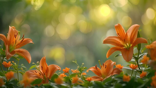Pink lilies in the blue sky with sunlight. Lily Under The Sunlight. Beautiful spring summer flowers beautiful colors. Orange nature 4k video effect