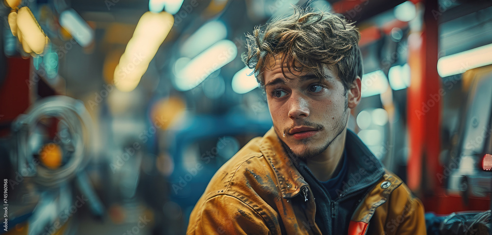 Aufkleber auto mechanic working in car service. generative ai.