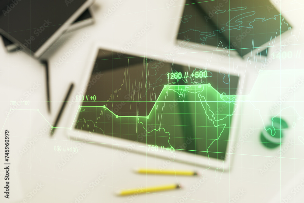 Poster abstract creative stats data concept and modern digital tablet on background, top view. multiexposur