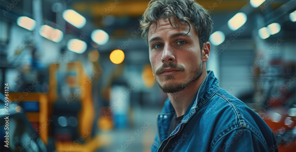 Poster auto mechanic working in car service. generative ai.