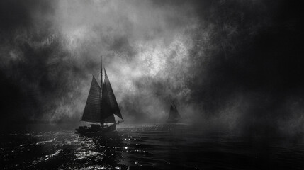 Dark skies over a dreamy sea, where ghostly ships sail in silence, navigating through the hallucinogenic fog of lost souls - obrazy, fototapety, plakaty