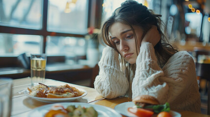 Depressed young woman with eating disorders , worried about her shape ,Nutrition problems .