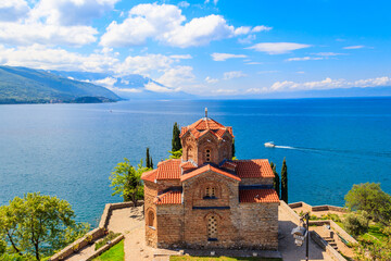 View of Church of St. John at Kaneo and Lake Ohrid in the city of Ohrid, North Macedonia