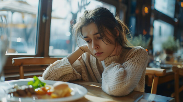 Depressed young woman with eating disorders , worried about her shape ,Nutrition problems .