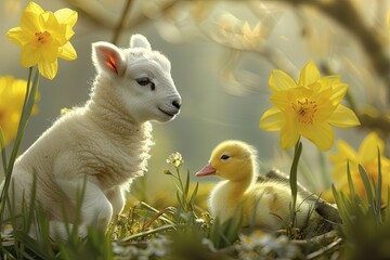 The cubs of an animal, such as a lamb or duckling, in a spring setting, representing the birth and...