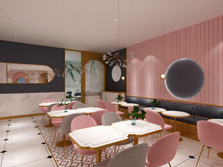 3d render cafe restaurant bar interior with pink color design