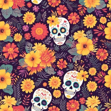 Festive Day of the Dead Pattern with Decorative Skulls and Blooms.