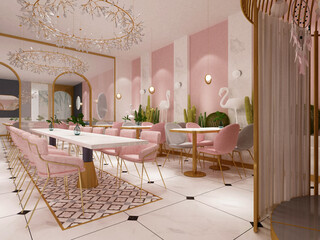 3d render cafe restaurant bar interior with pink color design