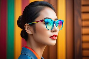 Photo of good mood charming sweet lovely young korean woman smiling wear glasses, Youth Fashion, Style