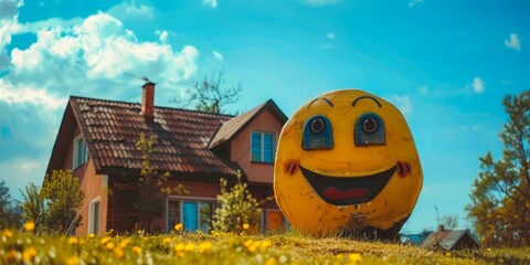 Joyful yellow smiley balloon near cozy home in sunny dandelion meadow