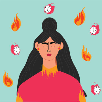 woman feeling stressed Exhausted, frustrated, and burnout. woman working overtime at Deadline. Alarm in fire, burning clock.vector, illustration