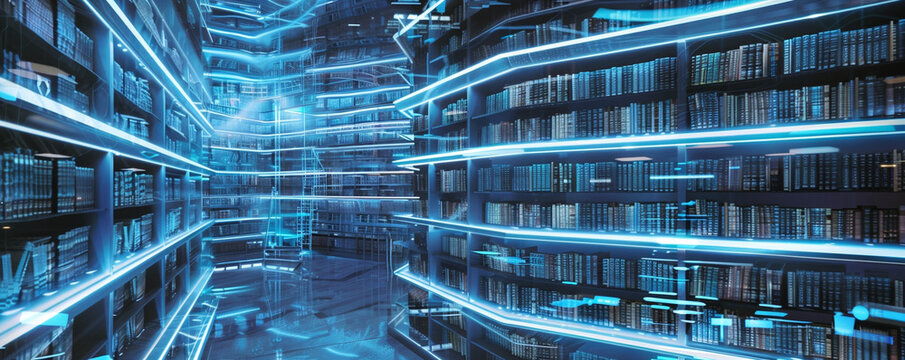 Futuristic library of holographic books, detailing every hyper-specific local event ever recorded