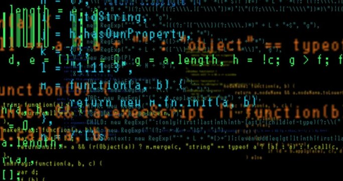 System crash, shaking program code glitch on black space. Abstract computer code running in a virtual space