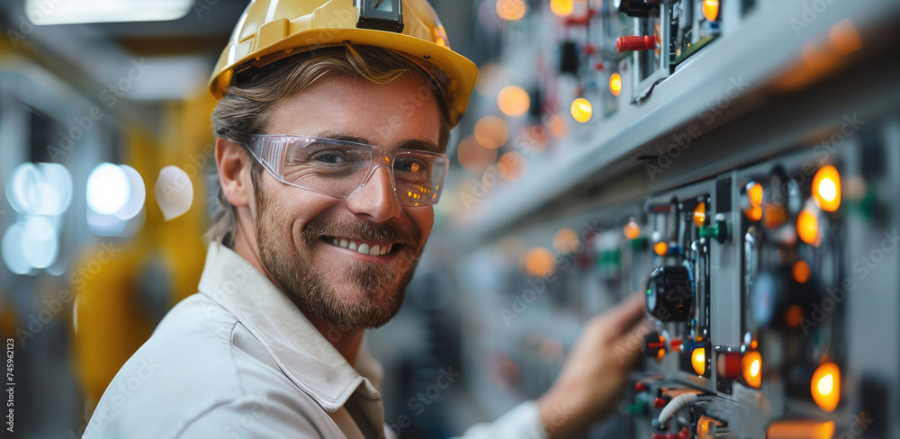 Poster Automotive worker smiling while working at an electronics panel in an electronics company setting. Generative AI.