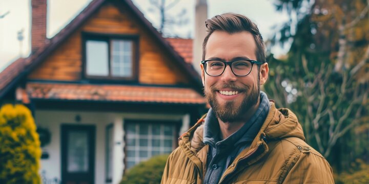 A happy man, with a beard, wearing glasses and a seasonal jacket, with a sense of satisfaction, stands before a suburban home, signifying stable homeownership