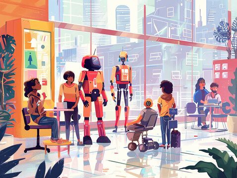 Inclusive future workplace, a blend of cultures, abilities, and robots working collaboratively in a tech hub
