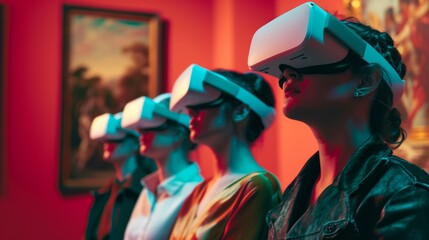 Art enthusiasts explore the fusion of classical and digital realms, wearing VR headsets in a vibrant gallery setting.