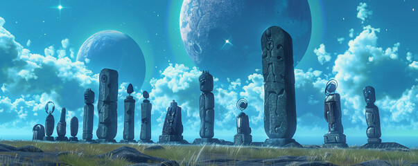 Interstellar unity monument, sculptures representing various sentient species, languages, and cultures, under twin moons