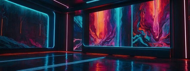 Futuristic abstract painting with neon colors. Sci-fi landscape. Art installation in a high-tech interior. A futuristic poster design.