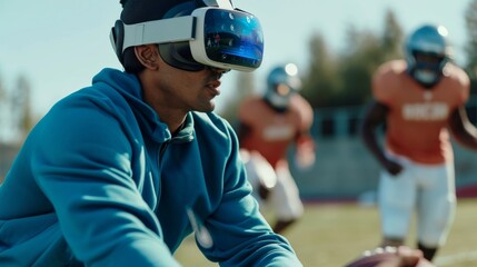 On a sunny field, a sports coach uses VR glasses to enhance training tactics with immersive technology.