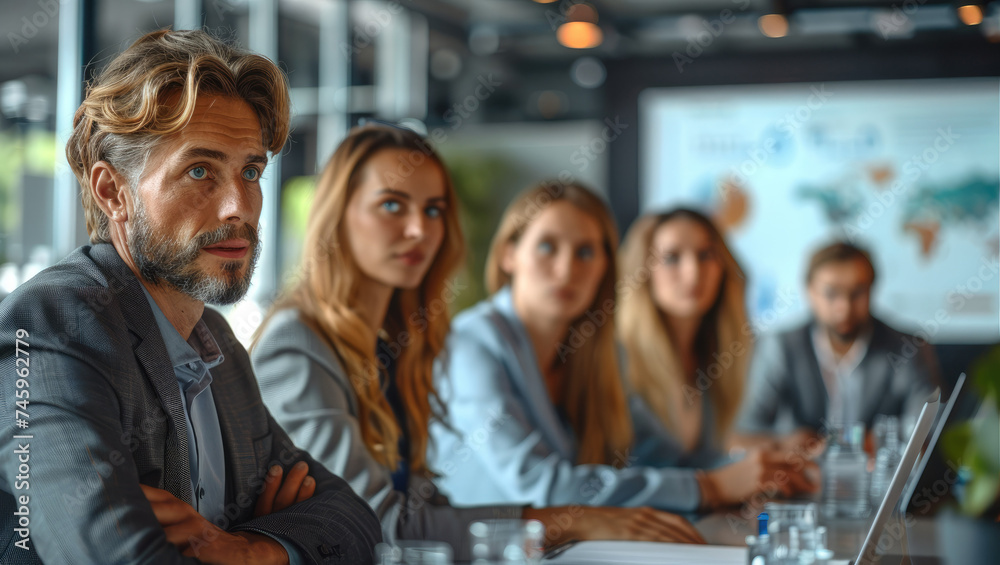 Poster group of colleagues having a meeting around a conference table, a company meeting with a presentatio