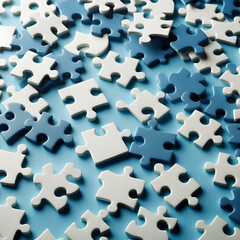 3d rendering of white and blue jigsaw puzzle pieces on blue background Generative AI