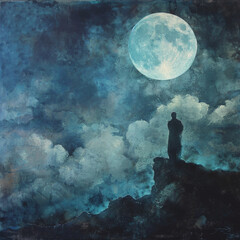 Under a moonlit sky, a figure experiences a vivid, surreal dream turning into a haunting hallucination