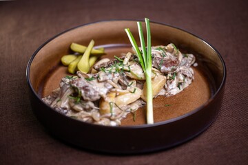 Beef Stew with Mushrooms and Sour Cream and Pickles on Plate