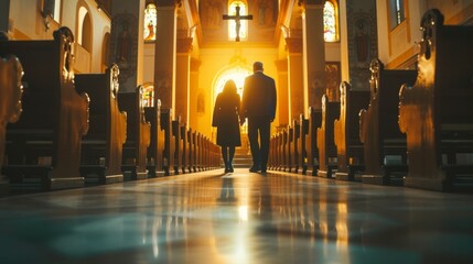 Church Pastor with woman, back view. - obrazy, fototapety, plakaty