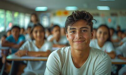 Fototapeta premium hispanic male teenager student sitting in a chair at a classroom wearing a white t-shirt. Out of focus classmates in the background 