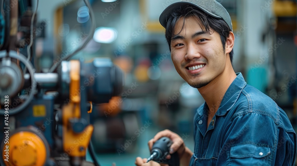 Poster asian man smiling and holding a drill in his hand, in a clean and tidy factory. generative ai.