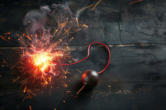 Dynamite time bomb with burning wires on black wooden table, space for text