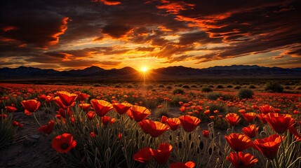 Fototapeta na wymiar A field with flowers on the horizon sunset