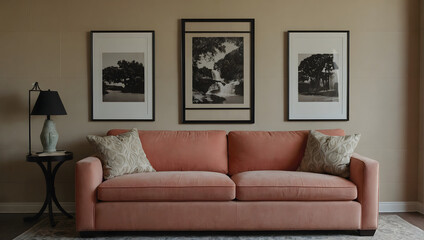 Home interior featuring a coral-colored couch against a neutral beige wall. 