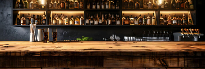 Fototapeta na wymiar Wooden desk of bar and free space for your decoration.