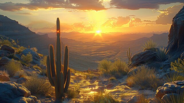 A sunset over the mountains and cactus tree. Generative AI.