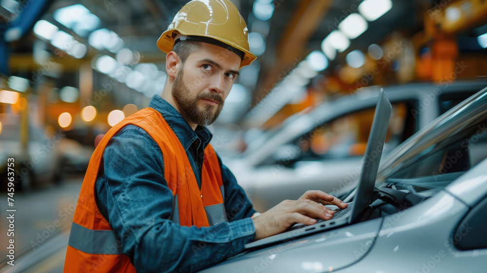 Poster car factory engineer in high visibility vest using laptop computer works in automotive industrial fa
